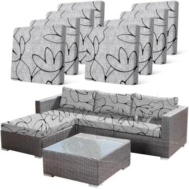 Imagem de CALBODE 8 peças de capas impermeáveis para sofá de pátio com estampa floral elástica para ambientes externos, conjunto de 8 capas de assento de vime laváveis (cinza, almofadas não incluídas)