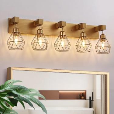 Imagem de Luminárias de banheiro douradas, luminárias de banheiro douradas 5 luzes sobre espelho, arandelas de iluminação de parede com abajur de metal elegante para sala de estar, quarto, corredor