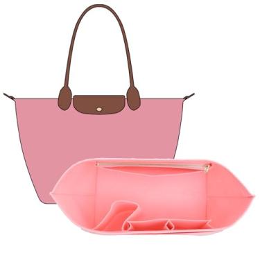 Imagem de OAikor Inserção organizadora de bolsa compatível com Longchamp Le Pliage grande e mais, bolsa organizadora com zíper de feltro e suporte de copo, 8 compartimentos (rosa, G)
