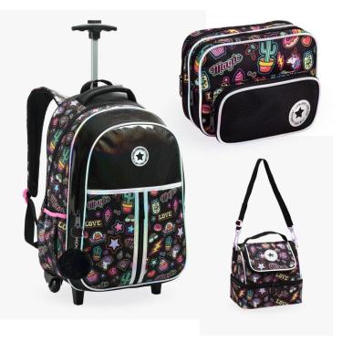 Imagem de Kit Mochila Rodinhas Juvenil Escolar Lancheira E Estojo Love