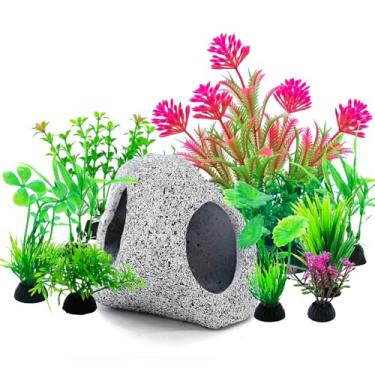 Imagem de SLOCME Conjunto de 10 peças de caverna e plantas de pedra de aquário – Decorações de aquário de plástico colorido, abrigo de reprodução de peixes Betta de cerâmica
