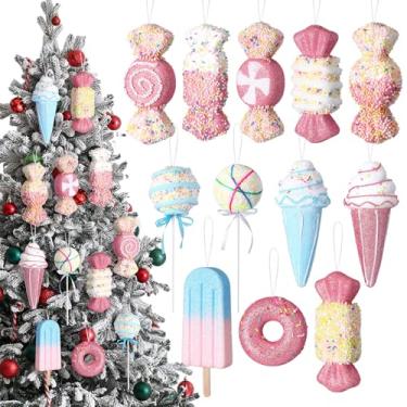 Imagem de Poen 12 peças de enfeites de Natal doces pastel 2025 14 cm decorações de árvore de Natal doces grandes rosa pastel pirulitos donut sorvete bolas de natal para árvore de Natal, casa, guirlanda interna