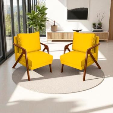 Imagem de Kit 2 Poltronas Para Sala Decorativas Shine Cadeiras Reforçadas Para Recepção Manicure Sala De Espera Consultório Escritório Confortável Em Madeira Maciça Castanho Suede Cores (Amarelo)
