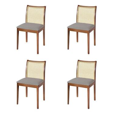 Imagem de Jogo 4 Cadeiras De Jantar Juliana Jequitibá Terra Em Madeira Maciça Encosto Palha Linho Cinza