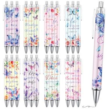 Imagem de Wxiben Canetas esferográficas cristãs espanholas – Conjunto de 24 canetas borboletas bíblicas, flores inspiradoras, retráteis, presente religioso, igreja, presente para mulheres, homens, professores