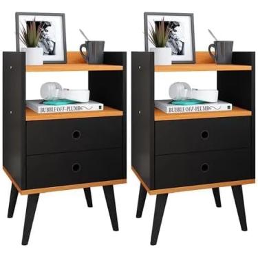 Imagem de Mesa cabeceira dream preto detalhe em madeira pés preto sala estar jantar 2 portas para lateral cama suporte criado multiuso