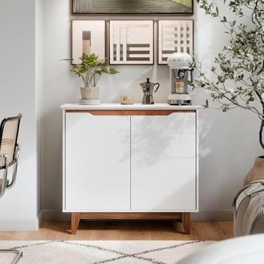 Imagem de Buffet Aparador 2 Portas MDF Balcão Hall de Entrada Pés de Madeira Rústico (Branco)