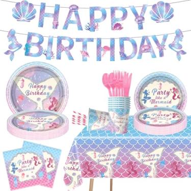 Imagem de 92Pcs Mermaid Birthday Party Decoration Set, Mermaid Party Supplies Including Banners, Plates, Cutlery, Tablecloths, Ocean Themed Birthday Party Decorations