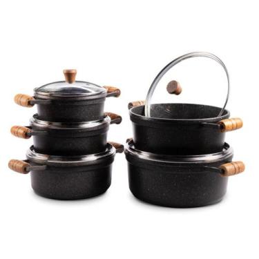 Imagem de Jogo De Panelas Antiadente Cava 5 Peças Com Alça De Madeira Tampa De V