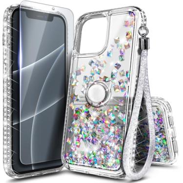 Imagem de Capa NGB projetada para iPhone 11 Pro-Max, pedra de cristal | Capa fofa com glitter líquido brilhante para mulheres, meninas e crianças | com protetor de tela de vidro temperado, suporte de anel e