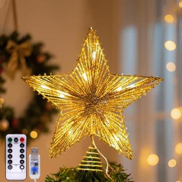 Imagem de Topo de estrela de Natal, topo de estrela de árvore de Natal 3D de 24 cm com 30 luzes LED e controle remoto, 8 modos de iluminação, função de tempo, para decoração de casa de árvore de Natal (ouro)