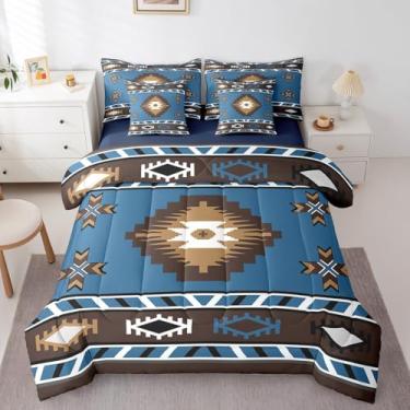 Imagem de Erosebridal Jogo de cama de casal de 7 peças, boêmio, exótico, tribal, retrô, étnico, asteca, geométrico, sudoeste, indiano, com edredom, azul royal