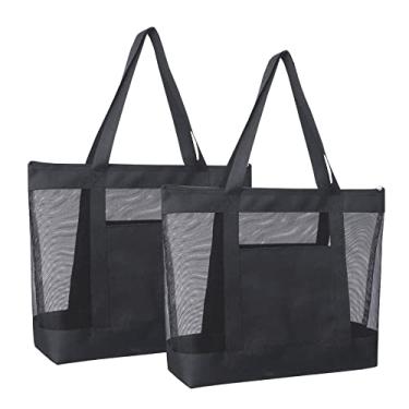 Imagem de Pacote com 2 sacolas de malha leve, bolsas de praia à prova de areia com zíper e bolso duplo para compras, à beira da piscina, viagens, brinquedos, toalhas, Preto, One Size