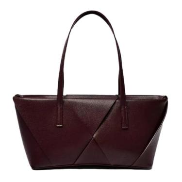 Imagem de Dobra geométrica - Bolsa de mão PU patchwork Euro - Vintage Grande - Capacidade total - Top com zíper - Bolsa de ombro com alça, Vermelho, One Size