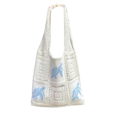 Imagem de Bolsa de praia de crochê, bolsas de malha para mulheres, bolsas de tecido para mulheres, bolsa transversal Boho pequena, Azul-claro, One Size