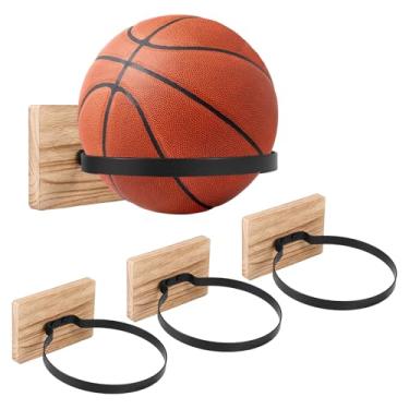 Imagem de HJJWNDDNG Suporte de parede com base de madeira, 4 peças, suporte de basquete, futebol, vôlei, rúgbi, acessórios esportivos, organizador para decoração de casa (preto + marrom, 4 peças)