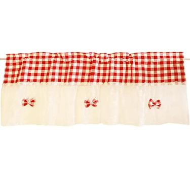 Imagem de Cortina de janela de renda xadrez vermelha e branca com estampa de patchwork, saia rústica, laço rústico, para cozinha, banheiro, café, quarto infantil, cortina de painel com bolso para varão