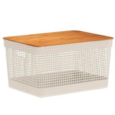 Imagem de Cesto Organizador com Tampa de Bambu, 20L, Design Moderno, Decoração P/Casa Quarto Escritório Cozinha Armário, Caixa Multiúso (Bege)