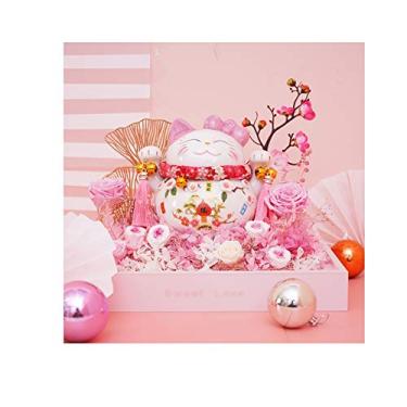 Imagem de WYUYIWH Flor artificial flor eterna gato da sorte caixa de presente preservada rosa real aniversário melhor amiga namorada presente cofrinho decoração ornamentos (rosa)