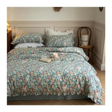 Imagem de Conjunto de capa de edredom floral 100% algodão, lençol e fronha, macio e respirável, com borda de babados (3 150 x 200 cm)