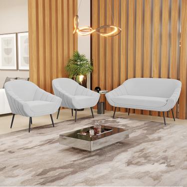 Imagem de Kit 01 Namoradeira 02 Lugares e 02 Poltronas Giovana Suede Cinza Pés Palito De Ferro D03 - D'Rossi