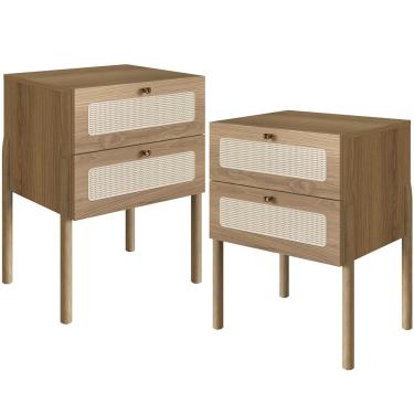 Imagem de Kit 02 Mesas de Cabeceira 02 Gavetas com Telinha Pés Madeira Moss A03 Hanover Roble - Lyam Decor