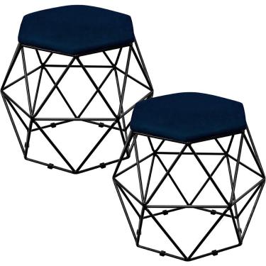 Imagem de Kit 02 Puffs Decorativo Aramado Preto Six L02 Suede Azul Marinho - Lyam Decor