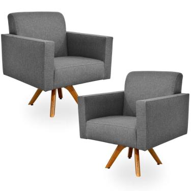 Imagem de Kit 02 Poltronas Decorativas Giratória Sala Estar Base Madeira Helô L02 Linho Chumbo  - Lyam Decor