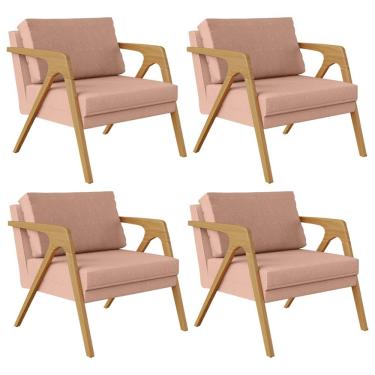 Imagem de Kit 04 Poltronas Decorativas Para Sala Estar Pietra Estrutura De Madeira L02 Linho Rosê - Lyam Decor
