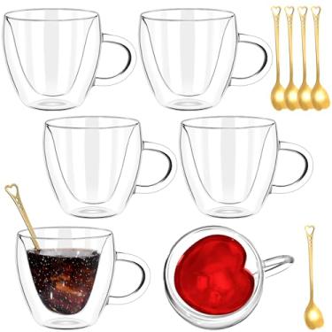 Imagem de Layhit 6 conjuntos de canecas de café de vidro de parede dupla em forma de coração com colheres 227 g copos de café expresso de vidro transparente isolados com alça copos de parede dupla xícara de