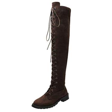 Imagem de Bigfanshu Botas femininas de inverno acima do joelho botas femininas sexy de outono com cadarço frontal salto quadrado sapatos plus size atléticos até o joelho clima frio e botas de pele, Marrom-escuro, 35 BR