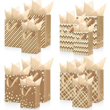 Imagem de Tenare 12 peças de sacos de presente de vários tamanhos, saco de papel metálico, pequeno, médio, com alça de papel para embrulho de presente de Natal, aniversário, casamento, chá de bebê, lembrancinha
