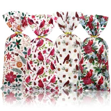 Imagem de Sacos de presente de celofane de Natal, Red Cardinals Poinsétias com estampa de folhas de baga de azevinho, 50 peças de plástico para doces e biscoitos com laços torcidos para Natal, feriado e