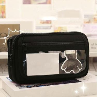 Imagem de Estojo portátil multifuncional de lona de cor sólida de grande capacidade para lápis, bolsa de caneta, bolsa de armazenamento de papelaria (preto)