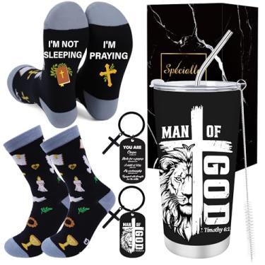 Imagem de Keluna Presentes cristãos para homens - Conjunto de 3 peças de presentes religiosos do homem de Deus, chaveiro de 590 ml, presente de fé bíblica para pai, marido, namorado, filho, Natal, Dia dos