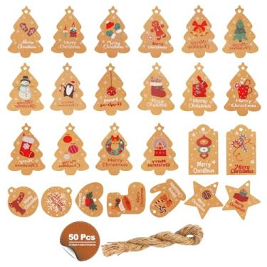 Imagem de Etiquetas de presente Kraft de Natal, lindas etiquetas de barbante em forma de árvore de Natal, decorações de chiristmas com cordão anexado, presente em branco com corda para festa, festival, 50 peças