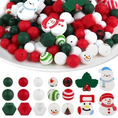 Imagem de 150 peças de contas de silicone de Natal para artesanato, kit de contas soltas de silicone Kalolary Natal sortidas contas verdes vermelhas redondas de Papai Noel contas de boneco de neve brincos de