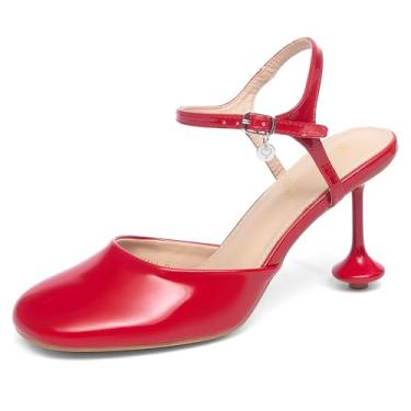 Imagem de NEWBELLA Sandália feminina de salto alto com bico fechado e salto gatinho, Vermelho, 40