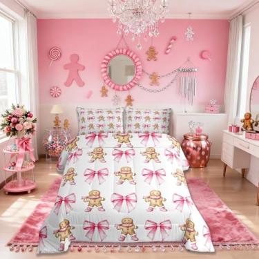 Imagem de Conjunto de edredom masculino de gengibre, tamanho casal, lindo laço e Natal, decoração de quarto de menina e menino, edredom de desenho animado feliz Natal, conjunto de edredom rosa, branco e amarelo