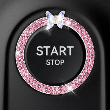 Imagem de SWQS Anel de borboleta brilhante com emblema de botão de arranque anel de decoração, anel de botão de ignição de chave de strass, adesivo de capa de botão de pressão para iniciar motor de carro