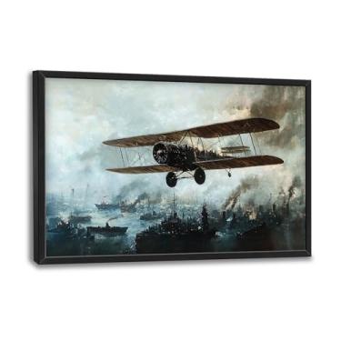 Imagem de Flintis Arte de parede emoldurada biplano grande e antigo, imagens de aeronaves, decoração de parede, pôster abstrato de avião, pintura em tela, obras de arte emolduradas para sala de estar, banheiro