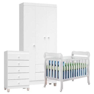 Imagem de Quarto De Bebê 3 Portas Com Gaveteiro Ternura Baby E Berço Lila Branco Brilho - Incorplac