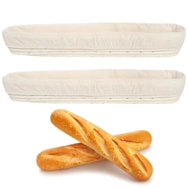 Imagem de Conjunto de cesta artesanal de fermento, 2 bannetons ovais longos de vime com forros laváveis para massa, mede 43 x 9 x 5 cm