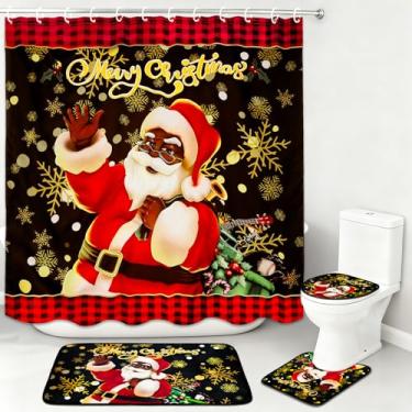 Imagem de kengvo Conjunto de 4 peças de cortina de chuveiro de Papai Noel preto de Natal com tapetes antiderrapantes, capa de vaso sanitário e 12 ganchos à prova d'água, decorações de Natal afro-americanas para