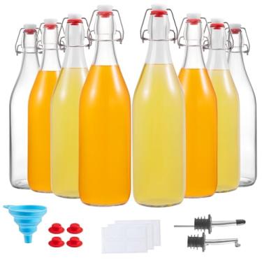 Imagem de Garrafas de vidro com tampa giratória, pacote com 8 [1 litro / 975 ml] tampas herméticas – Garrafa flip top para fermentação, kombucha, hidromel, vinagre, cerveja, kefi, vinho – com 4 selos extras e 1