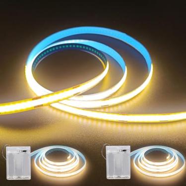 Imagem de ZSLAIFU Pacote com 2 fitas de luzes de LED alimentadas por bateria, faixa de luz LED COB de 9 m, fita de LED quente para embaixo do armário, prateleiras, quarto, bateria de iluminação faça você mesmo