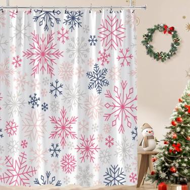 Imagem de XHUUXH Cortina de chuveiro de floco de neve de Natal, rosa e azul, flocos de neve, inverno, ano novo, decoração de férias, conjunto de cortinas de banheiro com ganchos