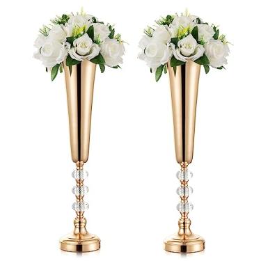 Imagem de Centro de mesa de casamento para mesas, vaso dourado - 2 peças de vasos de mesa altos para centros de mesa, vasos de trompete de metal de 52,8 cm, decorações de mesa de centro de mesa, suporte de