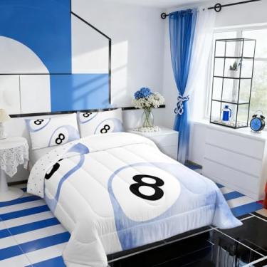 Imagem de Jogo de cama infantil Lucky com 8 bolas tamanho Queen, tie dye, moderno, feminino, edredom de aquarela, artístico, sonhador, azul, branco, 2 fronhas