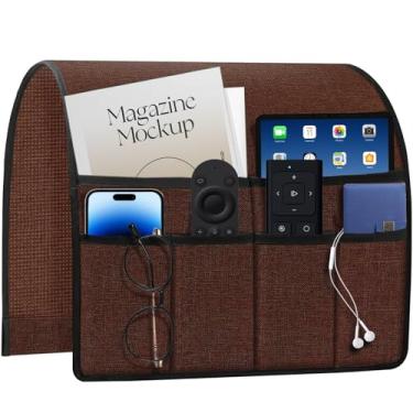 Imagem de HAPLIFEZ Suporte remoto para poltrona reclinável e sofá, organizador de apoio de braço antiderrapante com 6 bolsos, armazenamento de tecido de linho grosso para tablet, telefone, iPad, 48 x 89 cm
